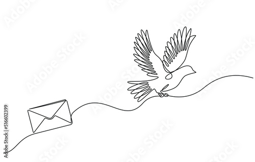 Continuous line drawing of a flying carrier pigeon carrying mail. vector illustration of a flying dove carrying an envelope. Single line art of flying pigeon symbol carrying letter in doodle style.