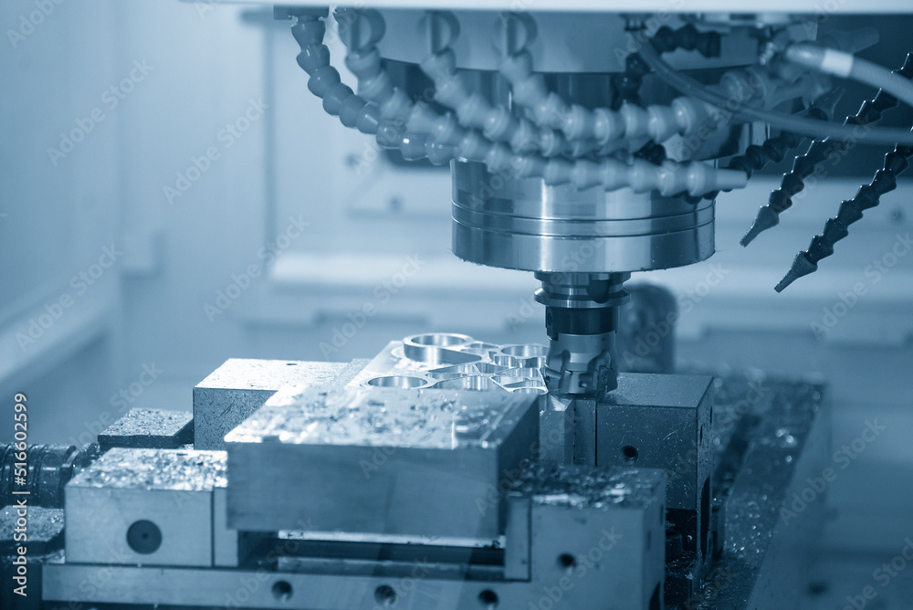 The CNC milling machine rough cutting the injection mold parts by indexable mill tool. The CNC milling machine rough cutting the injection mold parts by indexable mill tool.