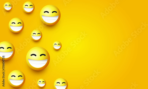 High quality emoticon on yellow gradient background. Laughing emoji banner. Yellow face emoji vector illustration. Popular chat elements. Trending emoticon.
