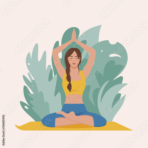 Sporty young woman meditates in lotus position on mat. Health and wellness lifestyle. Female cartoon character demonstrating yoga poses at home or in class. Vector illustration in flat style