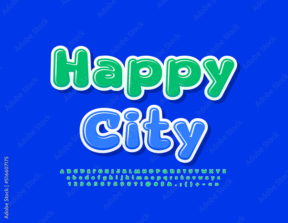 Vector modern logo Happy City. Cute green Font. Glossy set of Alphabet Letters and Numbers