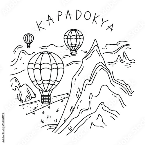 Hot air balloons flight in Cappadocia, Turkey. One line illustration. Simple and minimalist representation of hot air balloons.