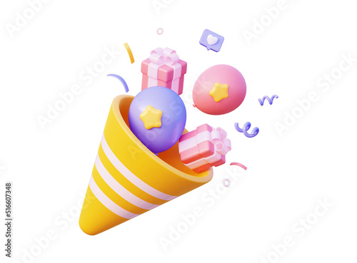 Yellow 3D party popper with flying pink gifts and a bow. The concept of fireworks, for a birthday or celebration of other events. 