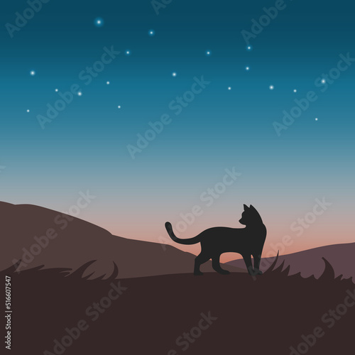 Landscape with cat on hill background. Vector illustration.