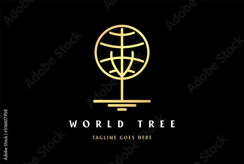 Simple Minimalist Golden World Globe Planet Tree Logo Design Vector