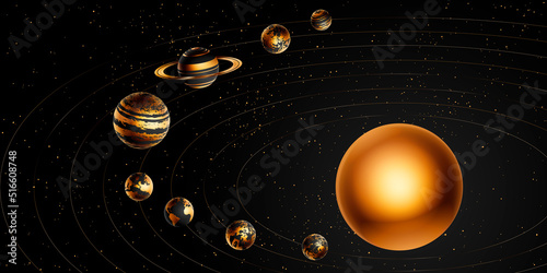 Solar system. Vector realistic illustration of the sun and eight planets orbiting it.