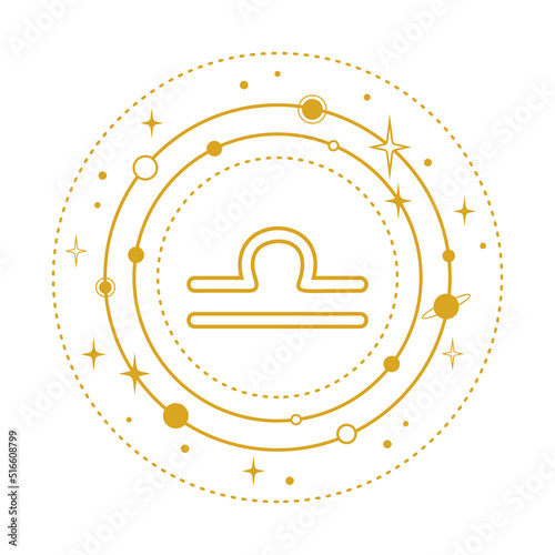Golden Libra sign stylized with planets and stars in orbits on a white background