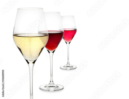 Three glasses of wine with perspective view and white background for text space.