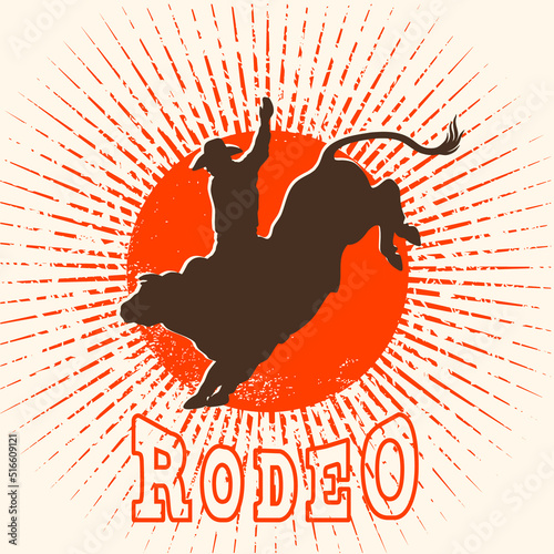 Rodeo bull vector label. Cowboy riding a wild bull in symbol flat style illustration and rodeo text