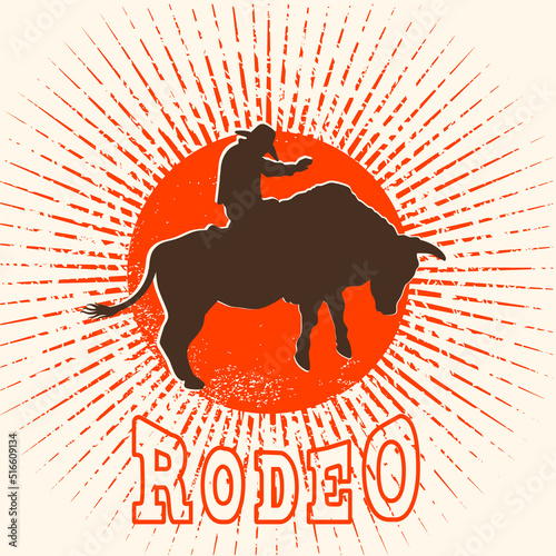 Rodeo bull vector label. Cowboy riding a wild bull in symbol flat style illustration and rodeo text