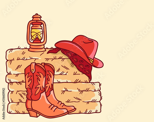 Cowboy boots and cowboy hat Country farm background with straw and hay on the floor of hayloft. Vector hand drawn vintage cowboy illustration