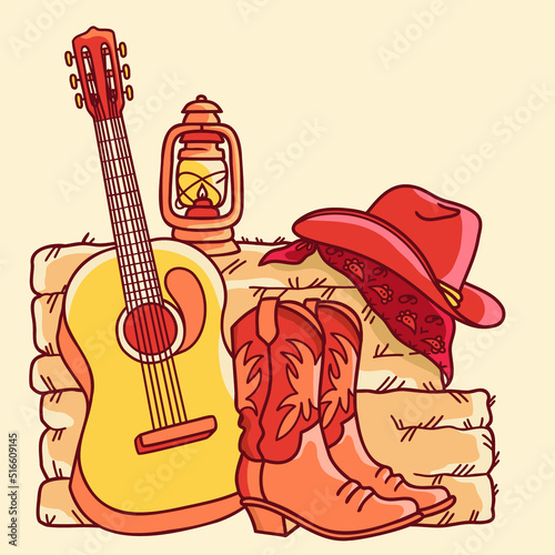 Country music background with acoustic guitar and american cowboy boots and cowboy hat on straw and hay. Vector hand draw Country farm illustration 