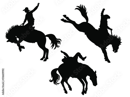 Cowboy rodeo set wild horses. Vector rodeo silhouette of cowboy riding wild horses isolated on white for design © GeraKTV