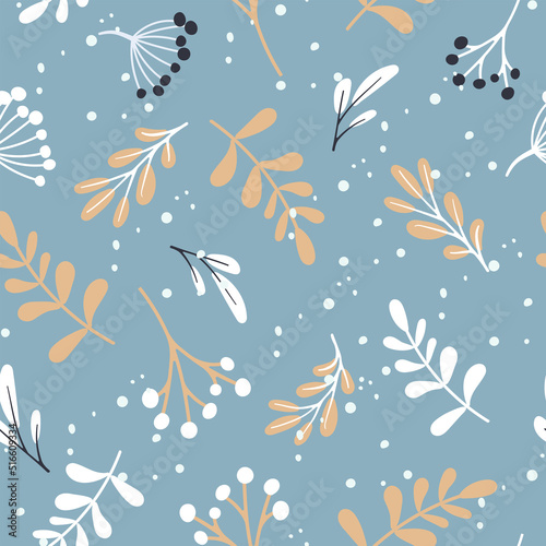 Floral seamless pattern handdrawn in abstract style on blue background with winter flowers. Summer, spring background. Seamless pattern. Botanical art. Abstract background.