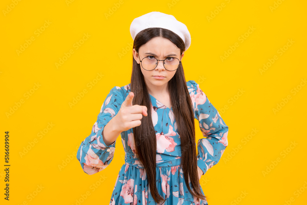 Serious teenager girl. Teen girl pointing finger at camera, point index finger camera on you. Serious teenager girl. Teen girl pointing finger at camera, point index finger camera on you.