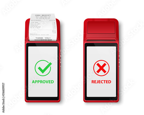 Vector 3d Red NFC Payment Machine Isolated. Approved, Rejected Transaction Status. Wi-fi, Wireless Payment. POS Terminal, Machine Design Template of Bank Payment Contactless Terminal, Mockup. Top VIew