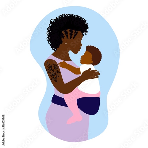 African american mom carries the baby in a special holding device. Sling, ergo kangaroo backpack, carrying. Child care.