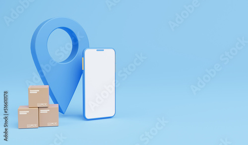3d smartphone with cardboard boxes parcel and location map pin isolated on blue background for mock up and creative design. Shopping online concept. Express transportation service for web banner.