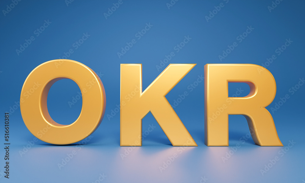 3D Golden OKR - Objectives Key and Results isolated on blue background. set work objectives, Business goals and drive business and efficiency. business growth, result, gold 3D rendering.