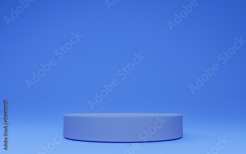 3D Cylinder blue color pedestal podium on background. Empty showcase for cosmetic product. mockup Stage for the awards ceremony, exhibition plinth stand, 3D rendering. 