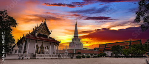 Scenery sunset at Wat Phra Mahathat Woramahawihan, Nakhon Si Thammarat, Thailand.