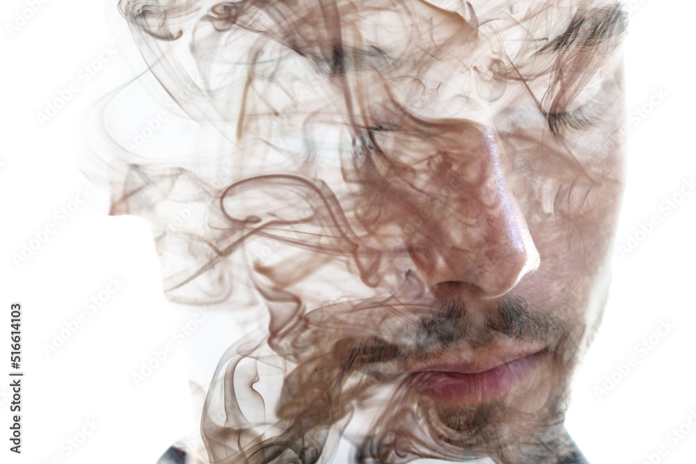 A portrait of a young man combined with an image of smoke