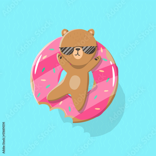 Cartoon bear in the pool on the swim ring donut