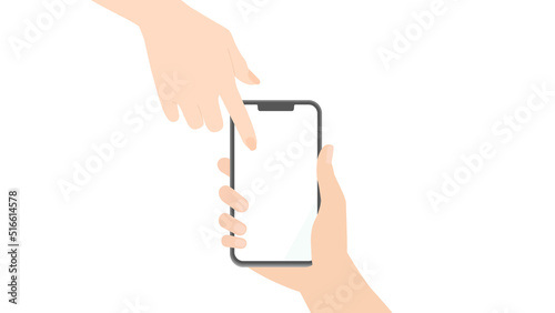白い背景のスマートフォンを持っている人と指をさしている人の手 - スマホの使いかた説明のイメージ素材