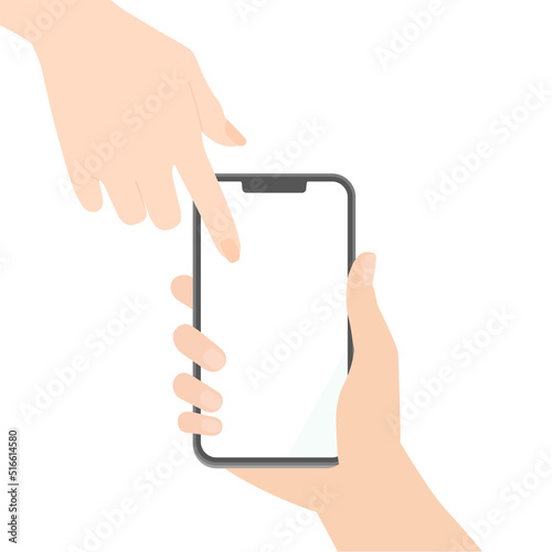白い背景のスマートフォンを持っている人と指をさしている人の手 - スマホの使いかた説明のイメージ素材