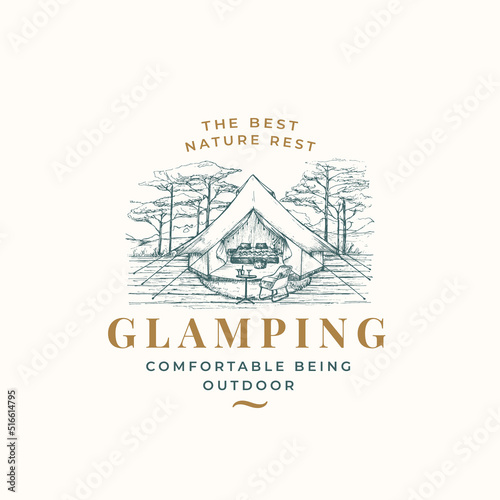 Glamping Recreation Retro Logo Template. Hand Drawn Comfortable Outdoor Tent Landscape Sketch with Typography. Nature Rest Sketch Emblem Isolated