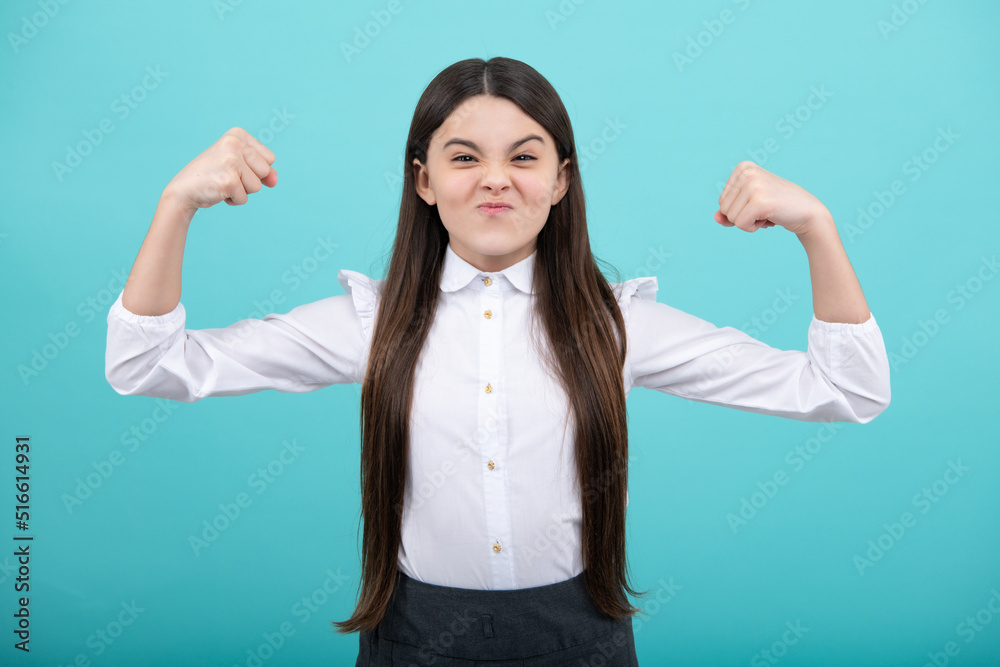 Excited face, amazed expression. Funny portrait of amazed teenager child girl isolated on yellow background.