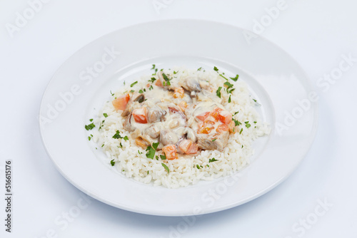 rice with meat on white