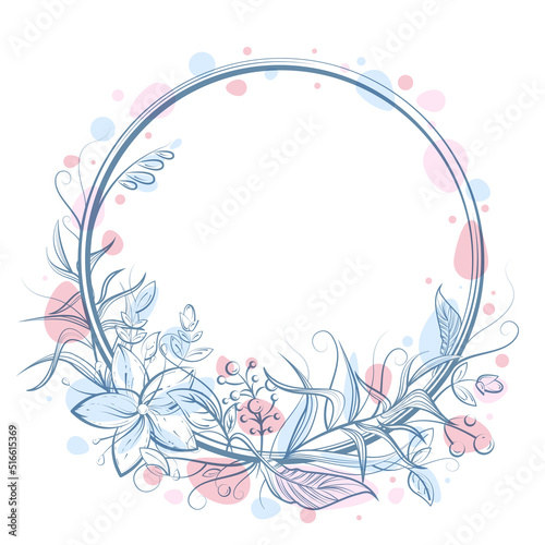 Circle frame with flower, leaf, berry and copy space. Blue and white doodle vector illustration with pink smears. For wedding or birthday card, label, decor, textile print, invitation design. 