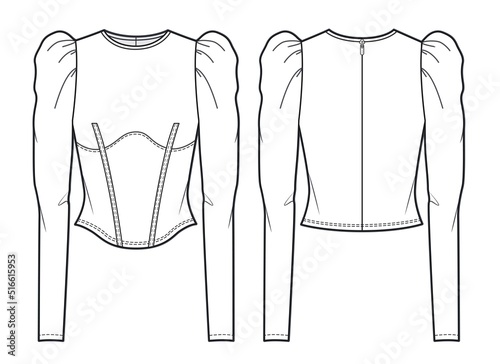 Women round neck Blouse fashion flat technical drawing template. Corset Blouse with balloon sleeves fashion CAD, front, back view, white.