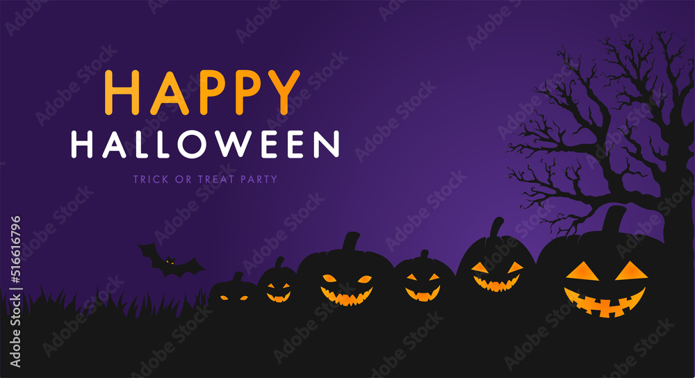 Halloween party invitations, greeting cards or posters with calligraphy, pumpkins, bats, trees.