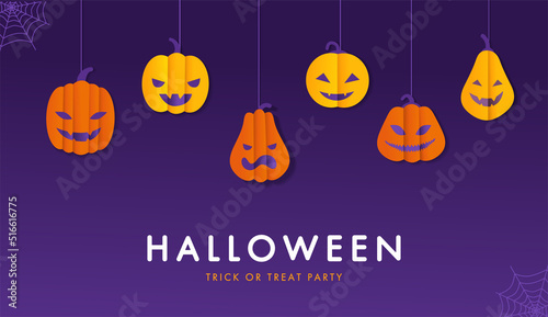 Paper cut banner template pumpkin purple halloween