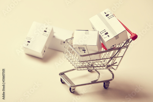 shopping trolley with boxes closeup