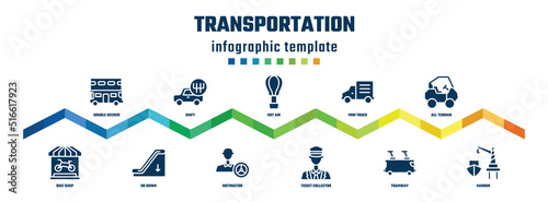 transportation concept infographic design template. included double decker, bike shop, shift, or down, hot air, instructor, mini truck, ticket collector, all terrain, harbor icons.