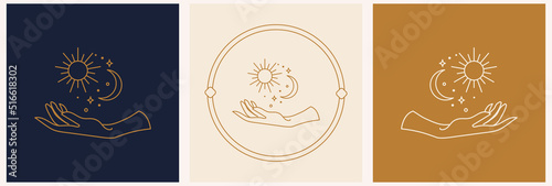 Mystical female hands logo in minimal linear style. Vector logo design. Templates with various hand gestures, moon, stars and crystals. For cosmetics, beauty, tattoo, spa, manicure, jewelry store