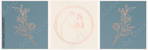 Puma in linear style with flowers, logo template, icon. Esoteric illustration for astrologer, shop, beauty salon © Iryna Davydenko