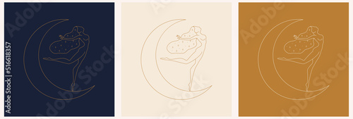 Set of logos in minimalistic linear style with beautiful esoteric female silhouette. For hairdressers, beauty salons, organic cosmetics, spas, prints, jewelry store.