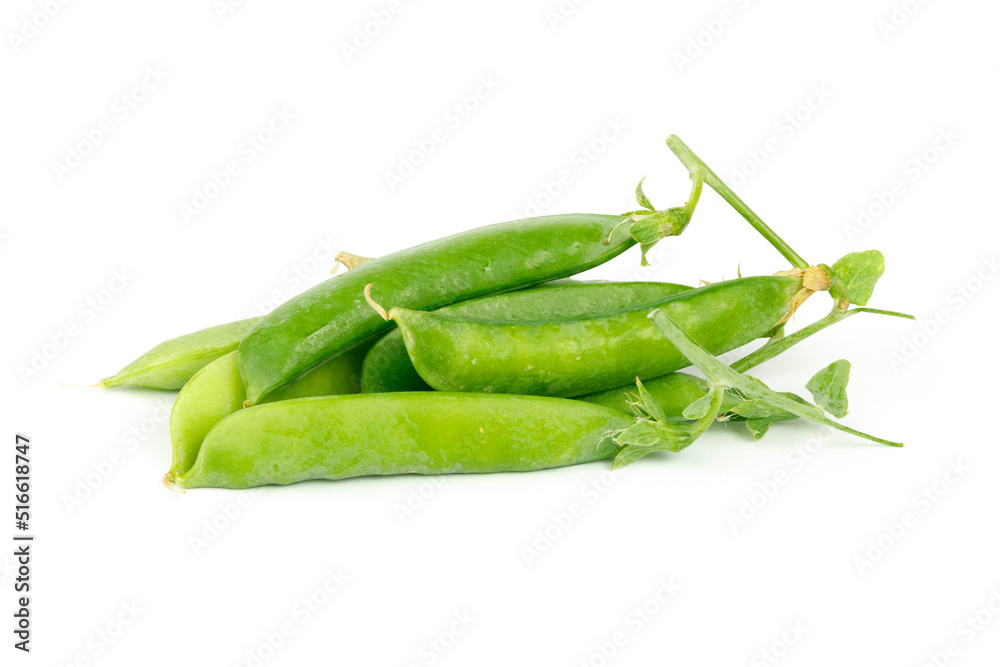 Pods of green peas on a white background, fresh vegetables. Pods of green peas on a white background, fresh vegetables.