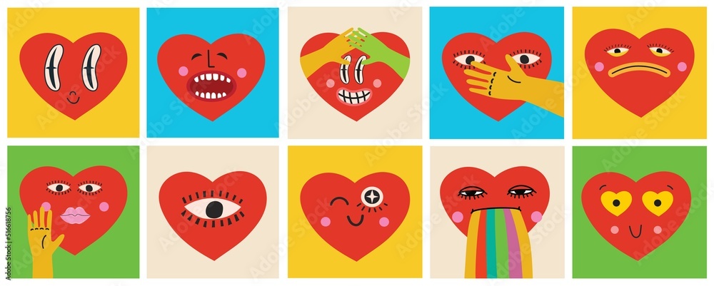 Retro love crazy and smeared heart smiley face. Hippie groovy smile character vector set. Valentine day concept. Vector illustration Retro love crazy and smeared heart smiley face. Hippie groovy smile character vector set. Valentine day concept. Vector illustration