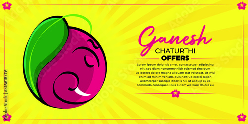 Ganesh Chaturthi offer banner layout template for sale. Indian Festival of lord Ganapati Logo design, Sticker Concept, Greeting Card, Icon, Poster, Unit, Label, Web, Mnemonic with Hibiscus flower