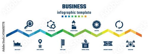 business concept infographic design template. included headhunting, area chart, configuration, home address, upload folder, bow flags, function, manual voting, arrow circle, employing icons.