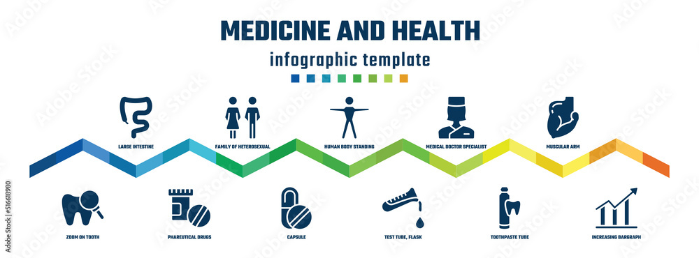 medicine and health concept infographic design template. included large intestine, zoom on tooth, family of heterosexual couple, phareutical drugs, human body standing, capsule, medical doctor