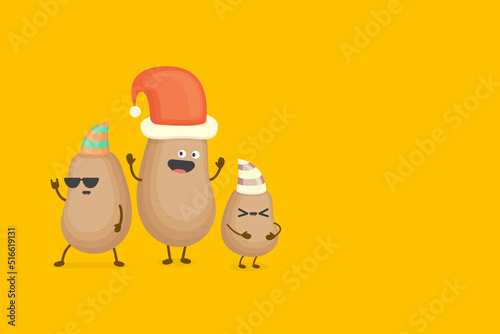 vector three friends kids potato characters with santa hats having fun isolated on orange background. Merry Christmas vector illustration. funky kids potato with friends. Christmas party concept