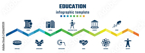 education concept infographic design template. included degree, petri dish, journal, scholarship, basketball player, fertilization, academy, drugs, sperm, anatomy icons.