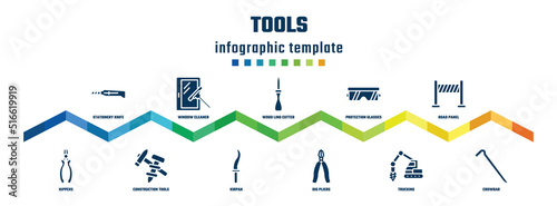 tools concept infographic design template. included stationery knife, nippers, window cleaner, construction tools, wood lino cutter, kirpan, protection glasses, big pliers, road panel, crowbar