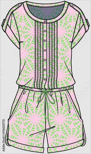 PRINTED SUMMER PLAYSUIT WITH TURN UP CUFF AND HEM FOR WOMEN IN EDITABLE VECTOR FILE